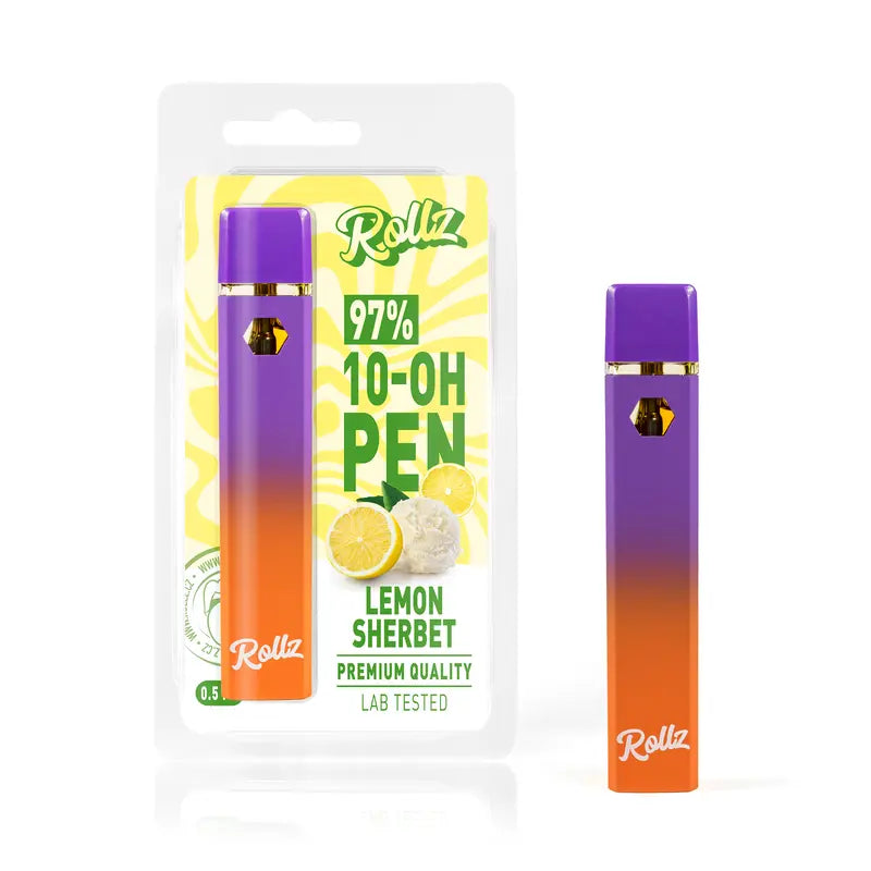 ROLLZ 10-OH live resin vape – Lemon Sherbet flavour device and pouch.