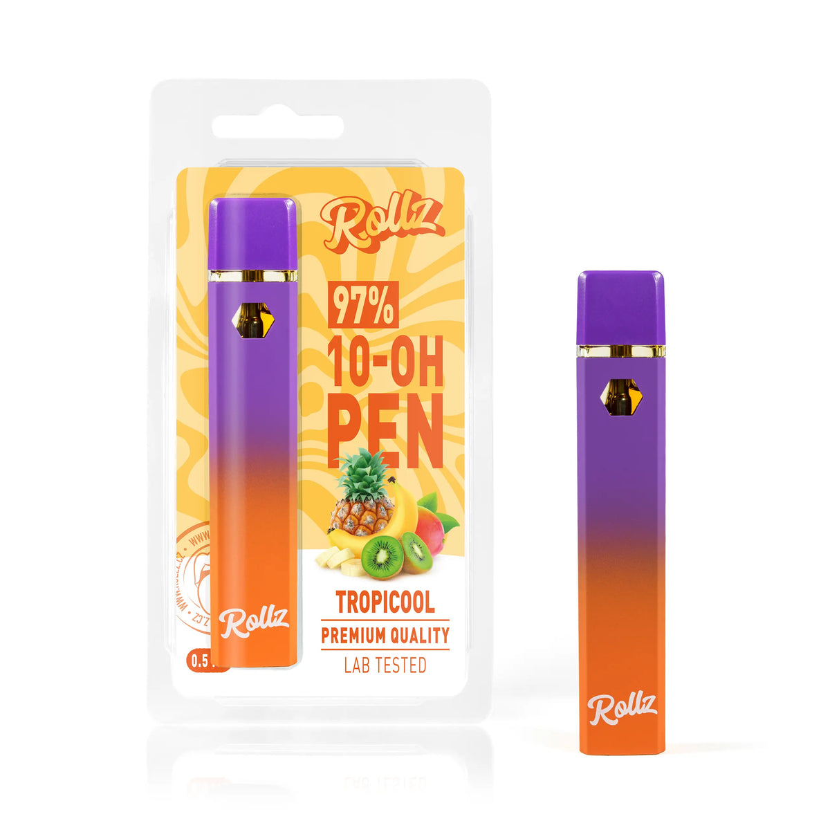 ROLLZ 10-OH live resin vape – zariadenie a vrecko s príchuťou TropiCool.