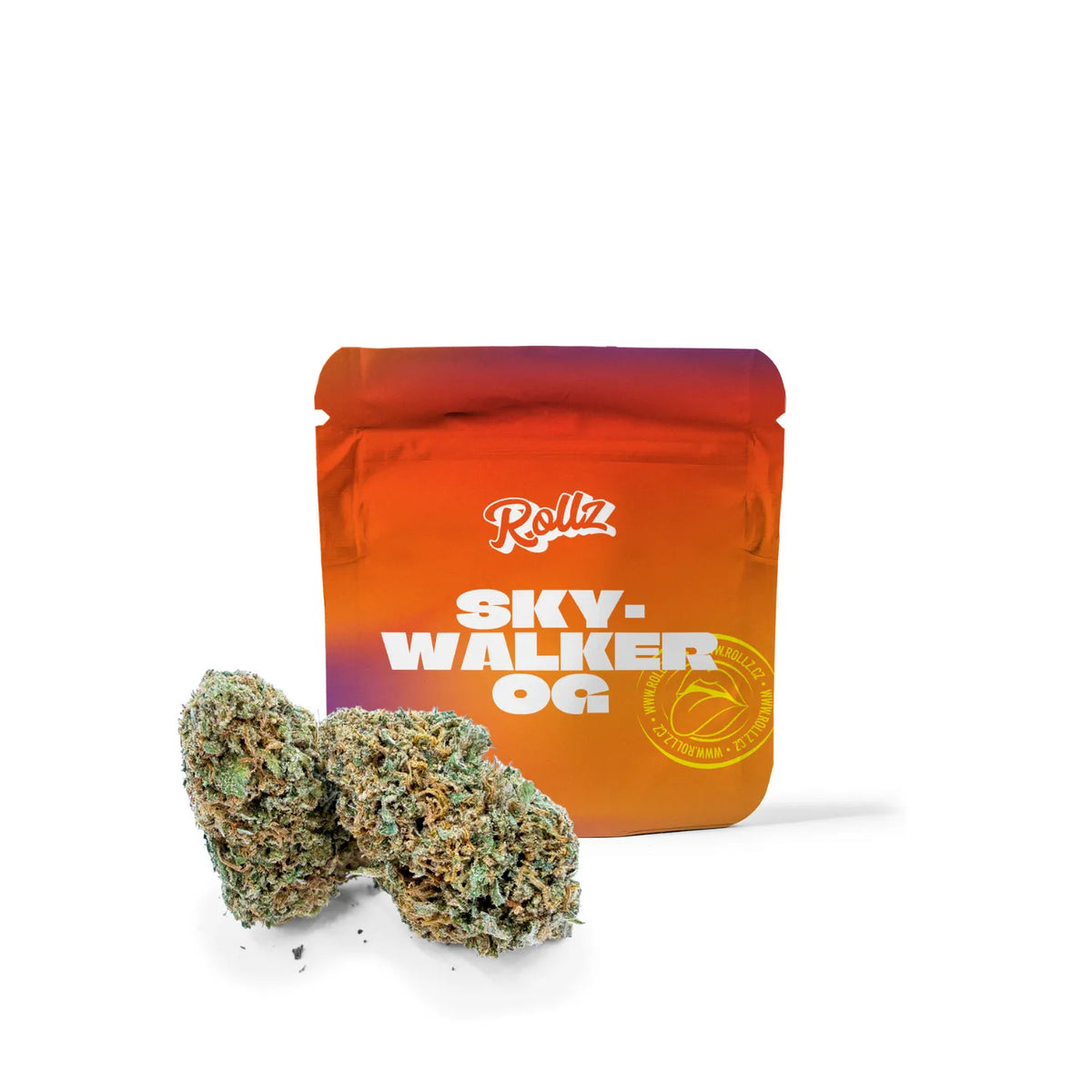 Vrecko so sušenými CBD kvetmi Sky-Walker OG – prémiový doypack s čerstvými púčikmi vpredu, štúdiová fotografia